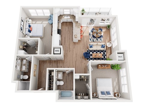 Floor plan for 2 beds, 2 baths, 1307 sqft